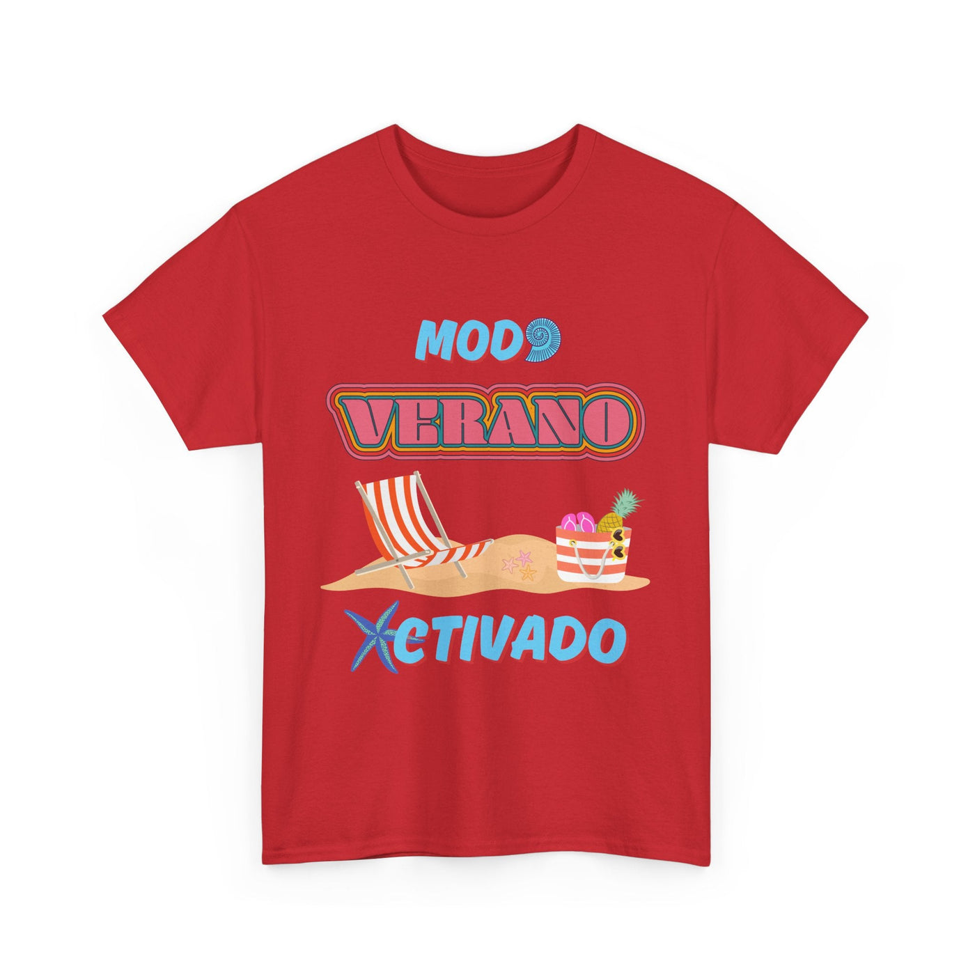 Spanish summer T-shirt with "Modo Verano Activado" design featuring retro fonts, beach chairs, tropical fruit, and starfish; perfect for beach vibes and Latin summer fashion.