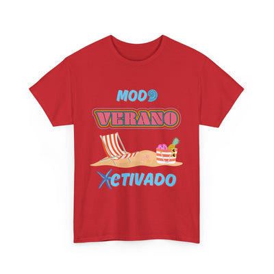 Spanish summer T-shirt with "Modo Verano Activado" design featuring retro fonts, beach chairs, tropical fruit, and starfish; perfect for beach vibes and Latin summer fashion.