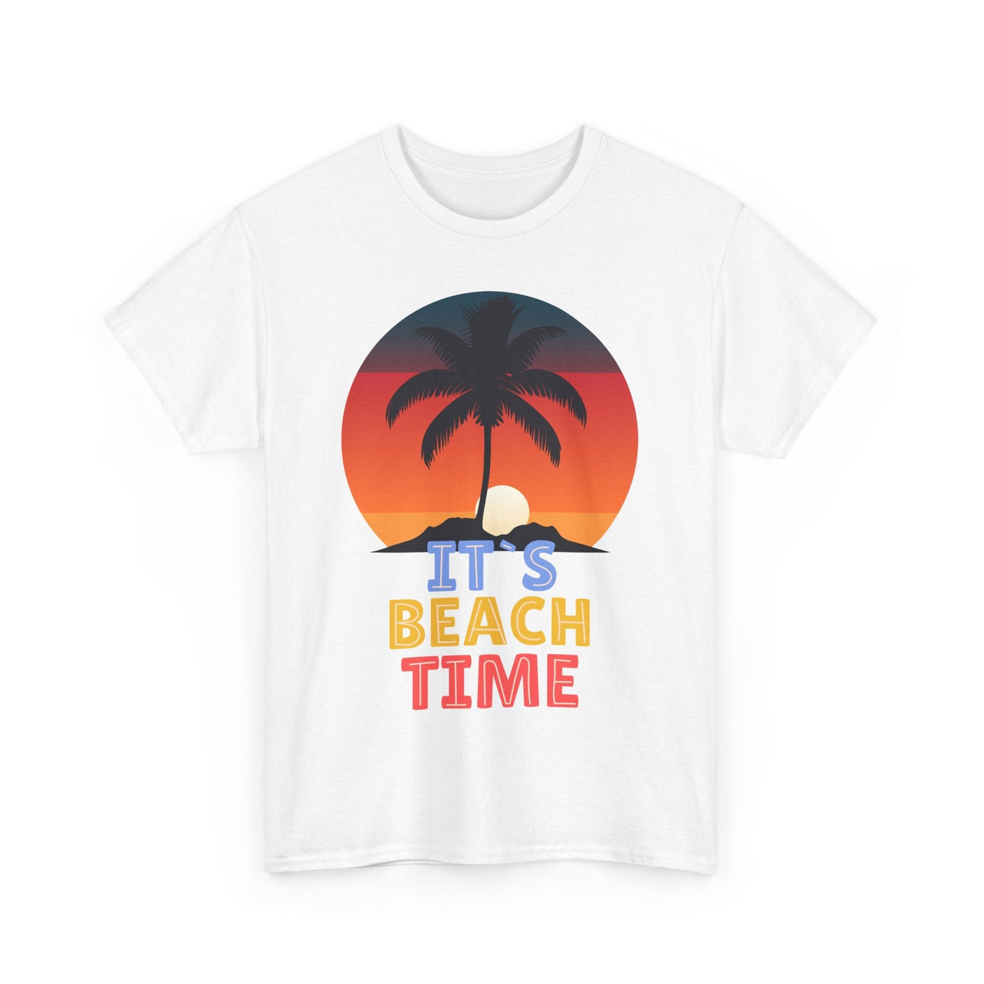 Beach Time Summer 2025 T-Shirt with palm tree and sunset graphic.
