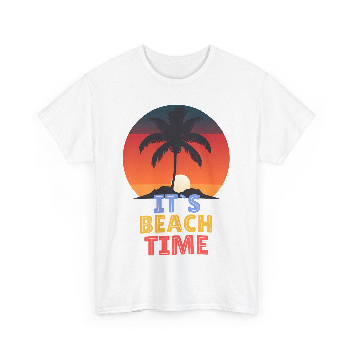 Beach Time Summer 2025 T-Shirt with palm tree and sunset graphic.