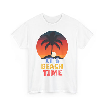 Beach Time Summer 2025 T-Shirt with palm tree and sunset graphic.