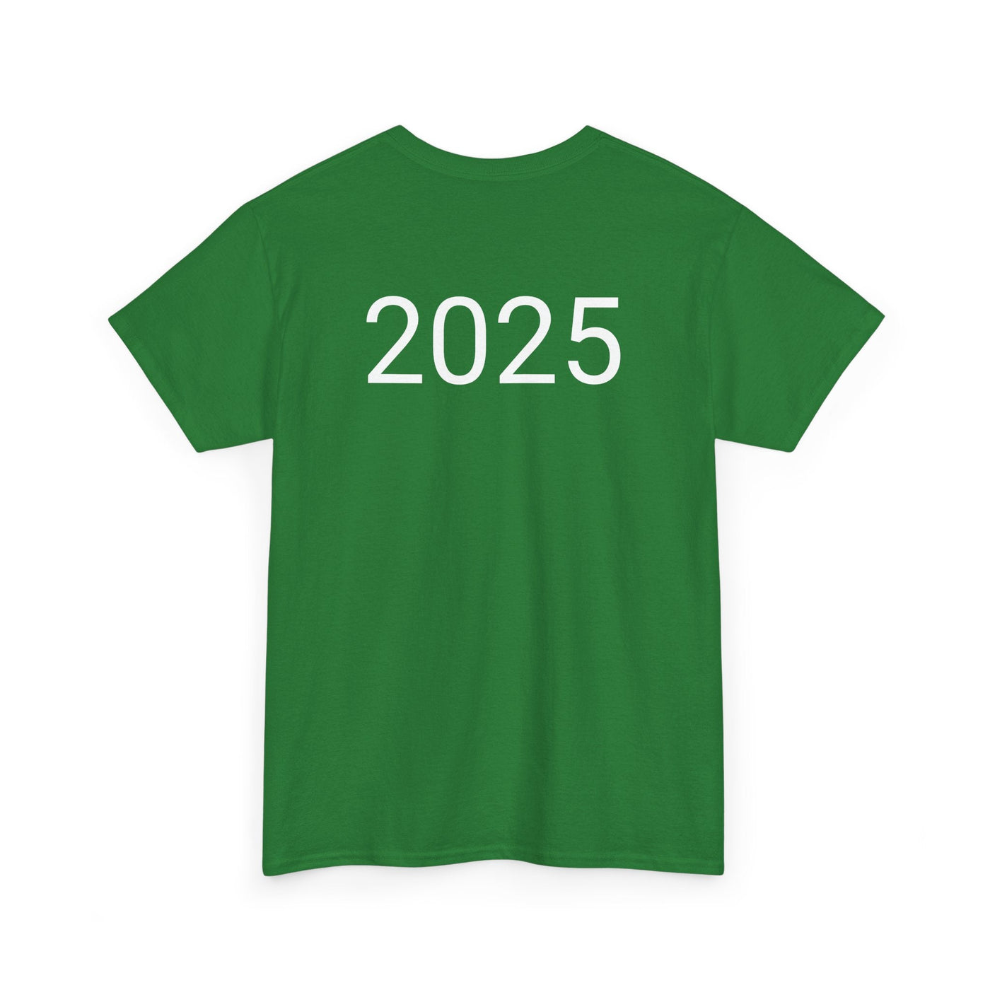 Green t-shirt featuring '2025' text on the back, astronaut space vibes theme.