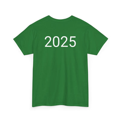 Green t-shirt featuring '2025' text on the back, astronaut space vibes theme.