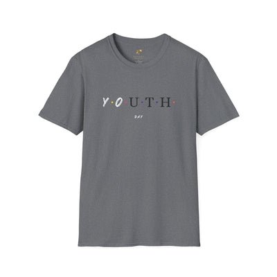 Youth Day Celebration unisex gray t-shirt with colorful dots graphic and classic crew neck design