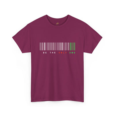 Unique "Be The Only One" barcode t-shirt in blue with a minimalist design