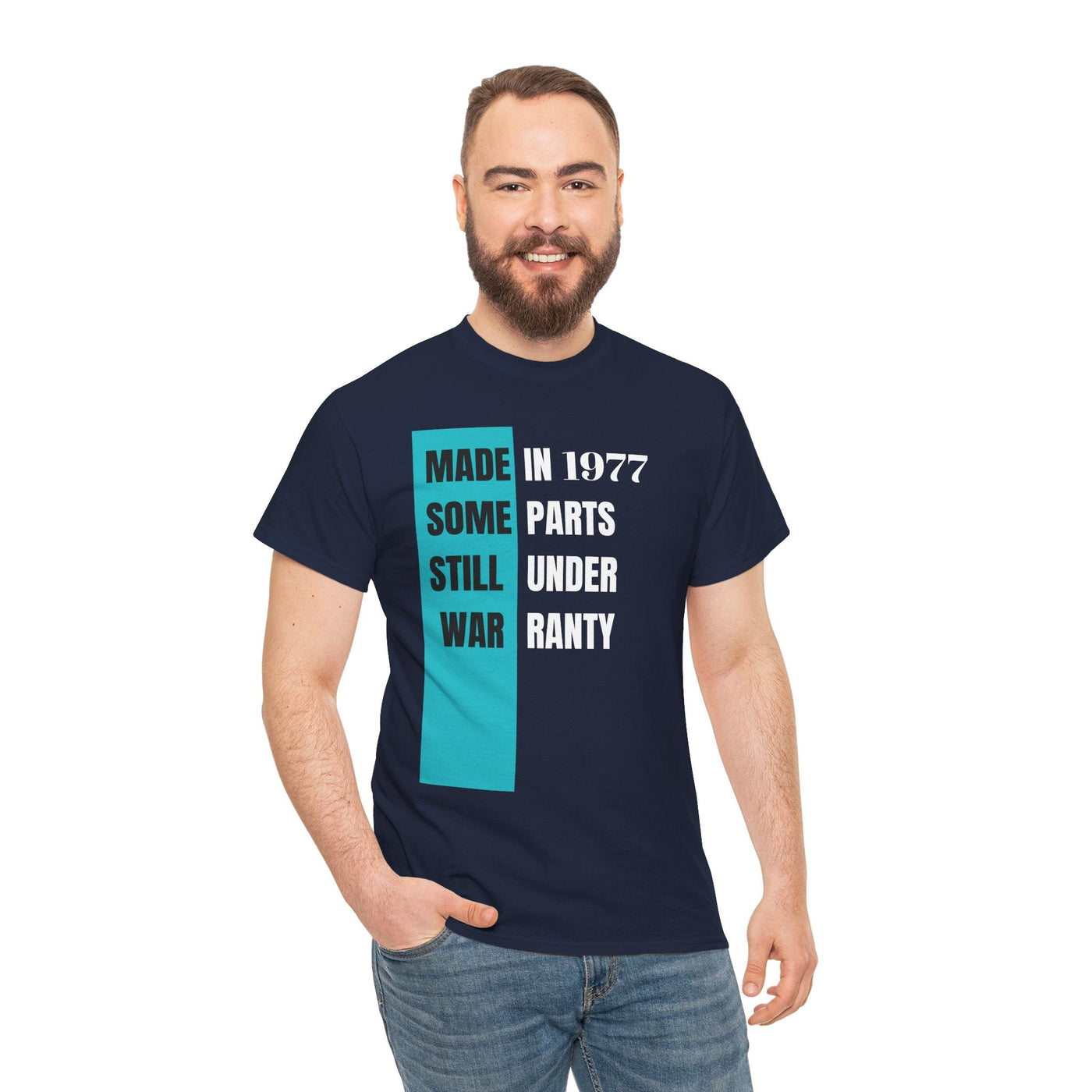 Funny "Made In Some Parts Still Under Warranty" aging t-shirt with vintage style design, humorous birthday gift.