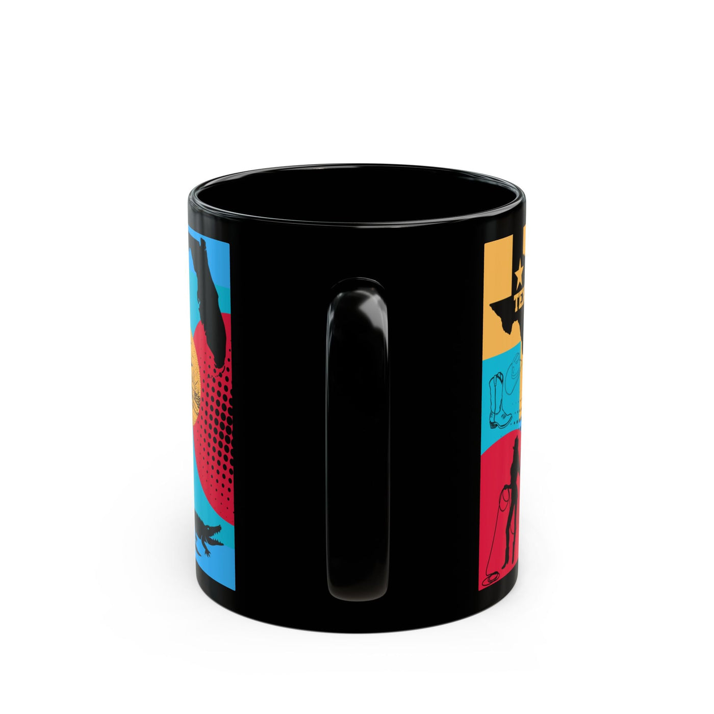 Personalized fun black mug with Texas vs Miami theme, glossy ceramic finish, vibrant design.