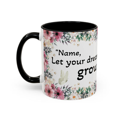 Inspirational gardening mug with wildflower design and motivational quote.