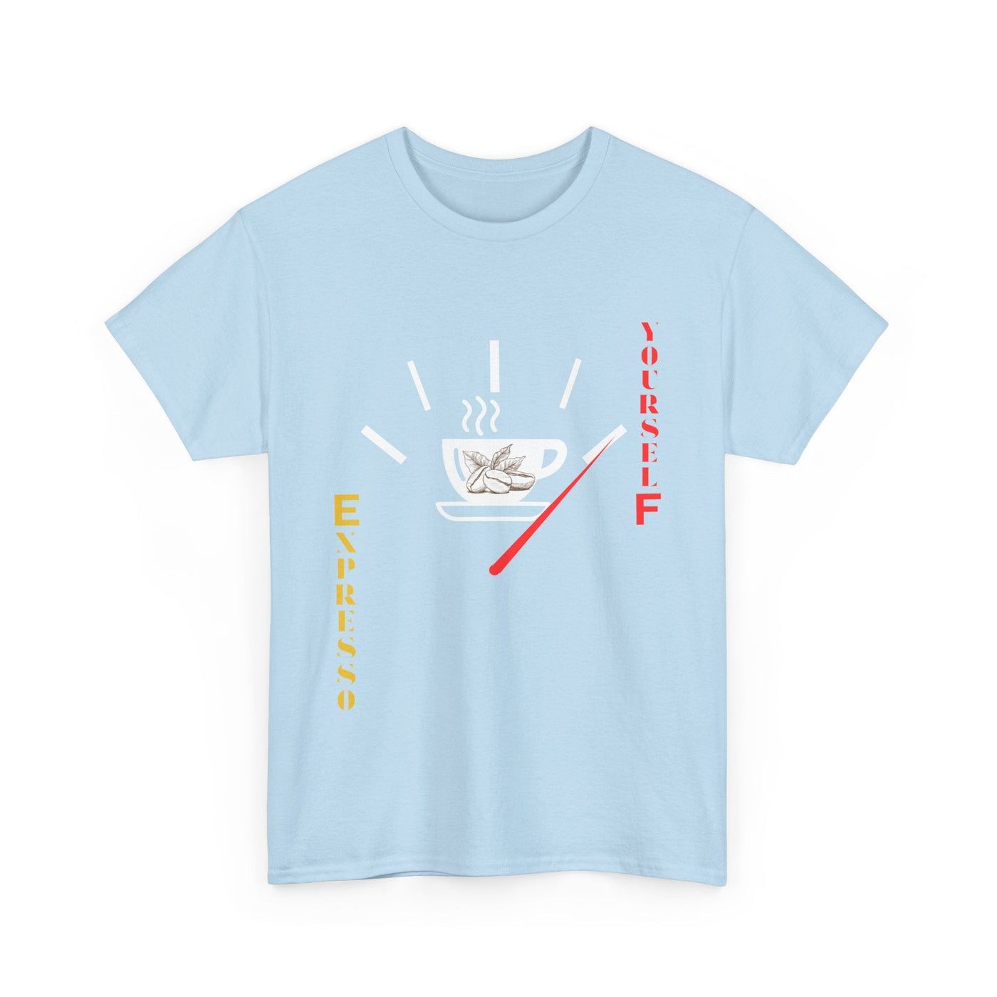 Expresso Yourself coffee T-shirt with espresso cup and red fuel gauge design.