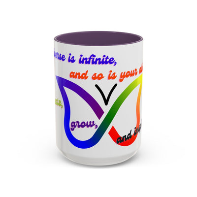 Infinity Butterfly Mug with vibrant butterfly silhouette design, motivational quote, and universe theme; available in 11oz and 15oz sizes for creatives.