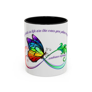 Inspirational Butterfly Coffee Mug with colorful butterfly and "embrace infinity" design, perfect for motivation and self-care.