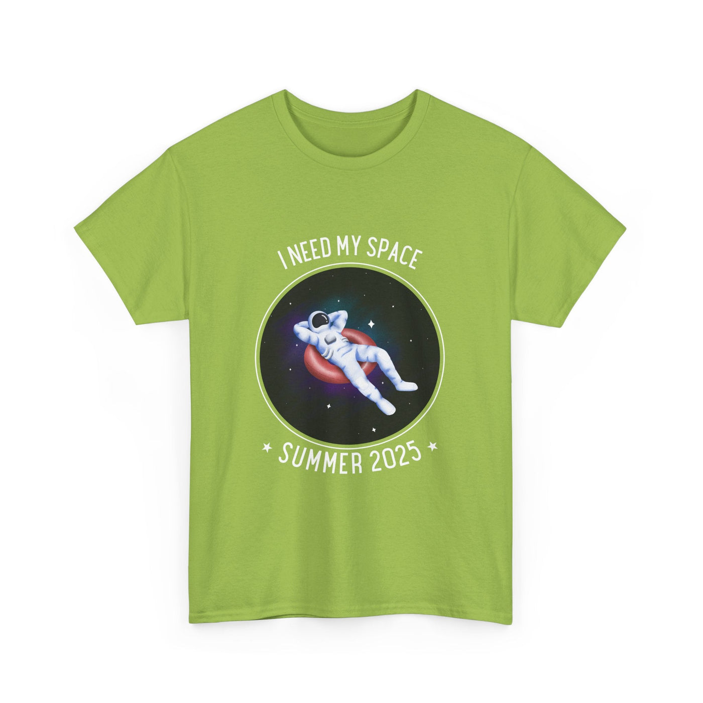 Astronaut Space Vibes Tee with galaxy graphic and relaxing astronaut design on green shirt.