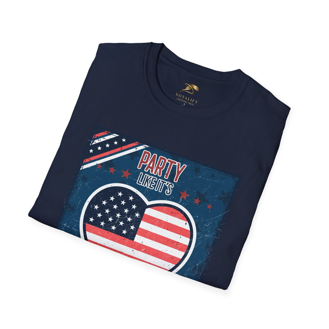 Party Like it's 1776 Patriotic Party T-Shirt with American flag heart design, perfect for Independence Day celebrations.