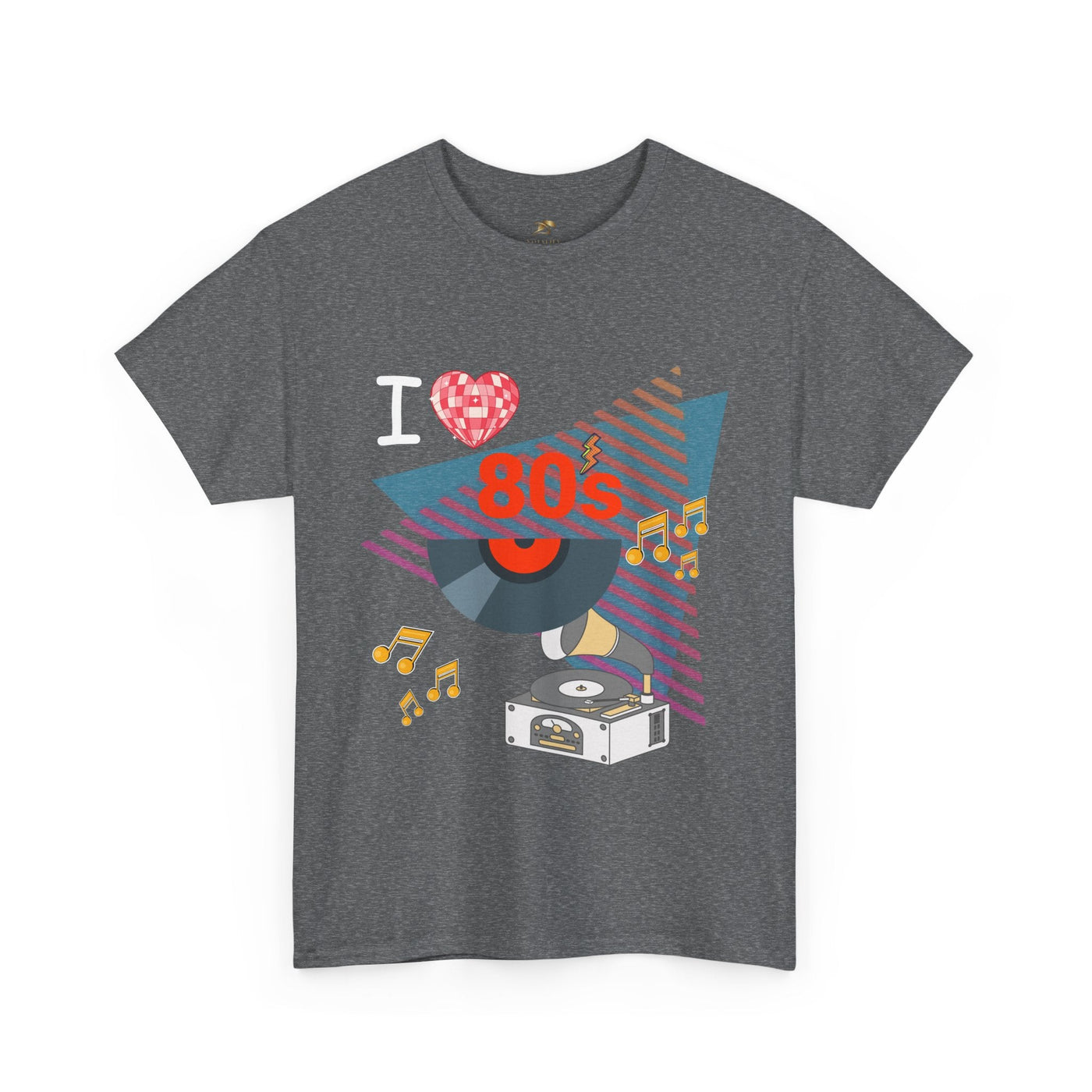 Gray unisex 80's music lover T-shirt with retro record player and colorful graphic design