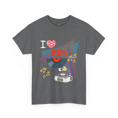 Gray unisex 80's music lover T-shirt with retro record player and colorful graphic design