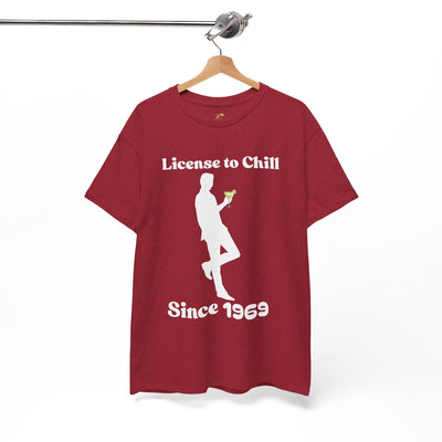 License to Chill t-shirt with customizable year; relaxed vibes tee featuring silhouette and margarita design.