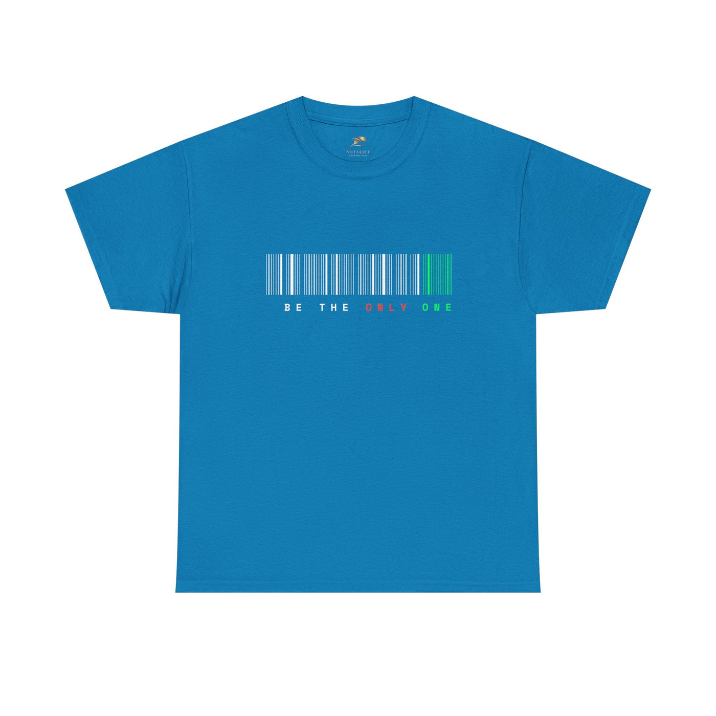 Unique "Be The Only One" barcode t-shirt in blue with a minimalist design