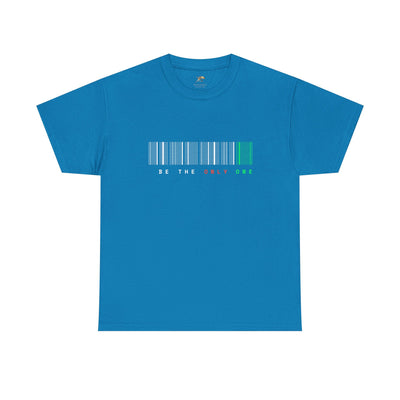 Unique "Be The Only One" barcode t-shirt in blue with a minimalist design