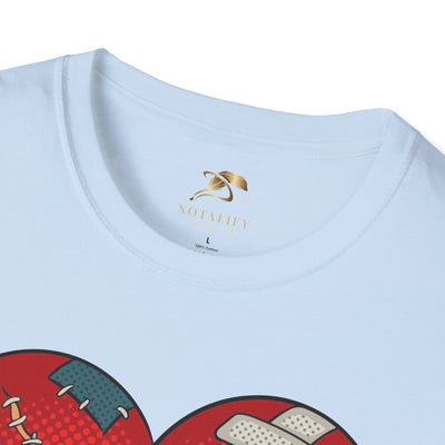 Heart Fixed Enamorados unisex T-shirt with colorful patched heart design, perfect for Valentine's Day.