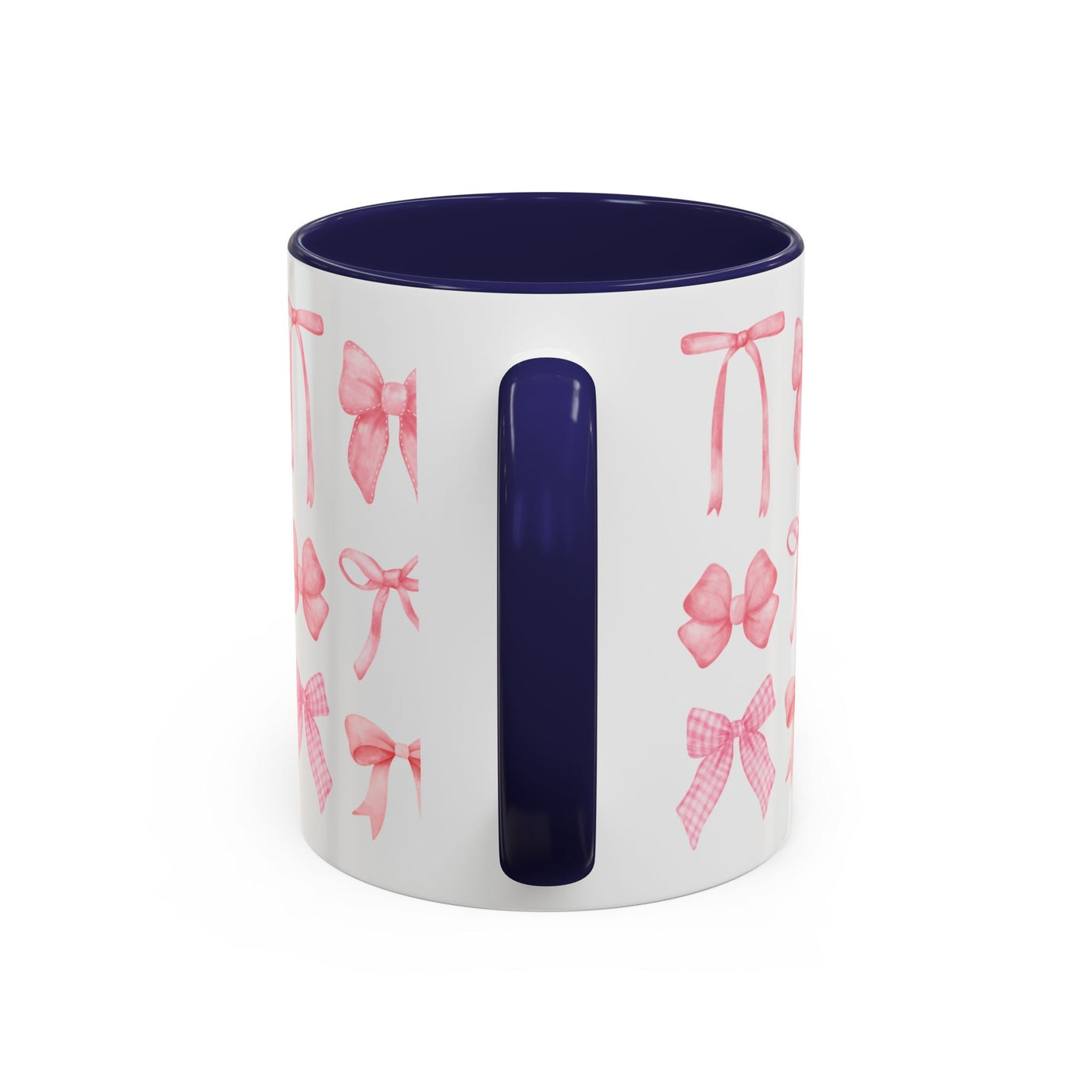 Personalized Mother's Day mug with coquette bow design, navy interior, handle, vibrant colors, available in 11oz or 15oz.
