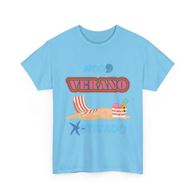 Unisex "Modo Verano Activado" T-shirt with retro fonts, beach scene, and tropical elements in light blue.