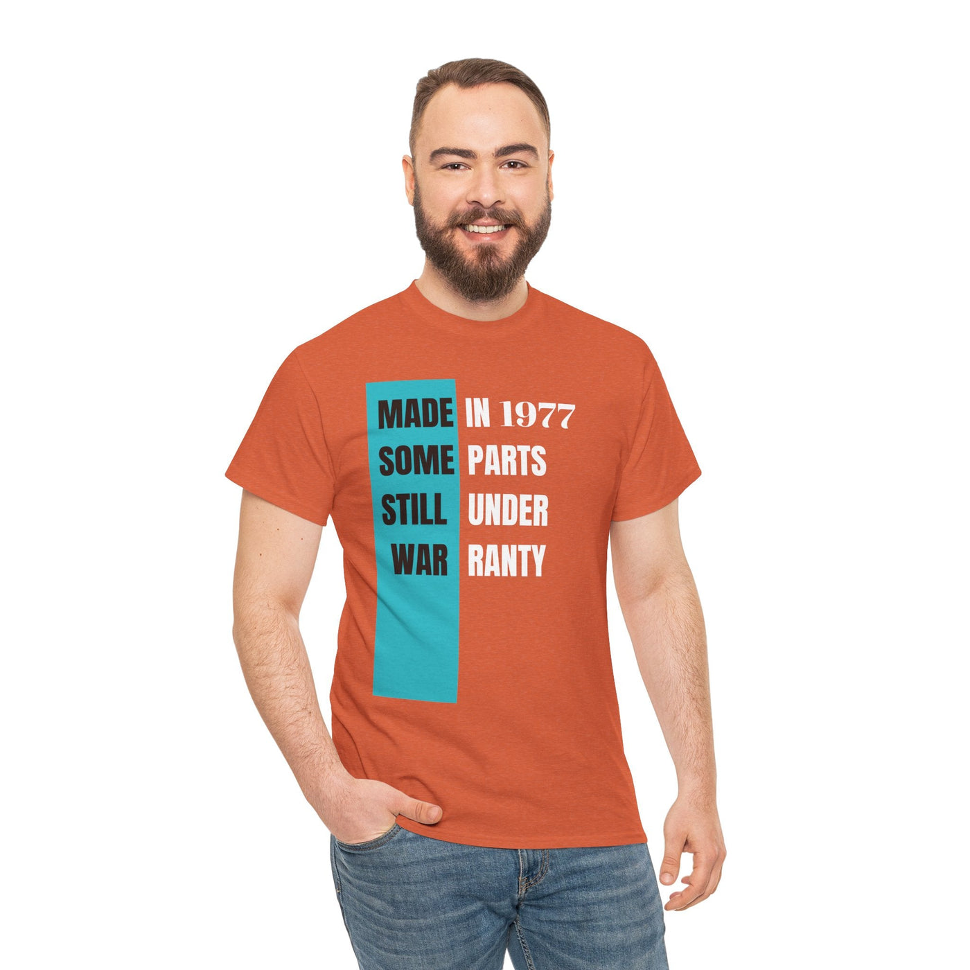 Funny "Made In Some Parts Still Under Warranty" t-shirt with vintage style for humorous birthday gift.
