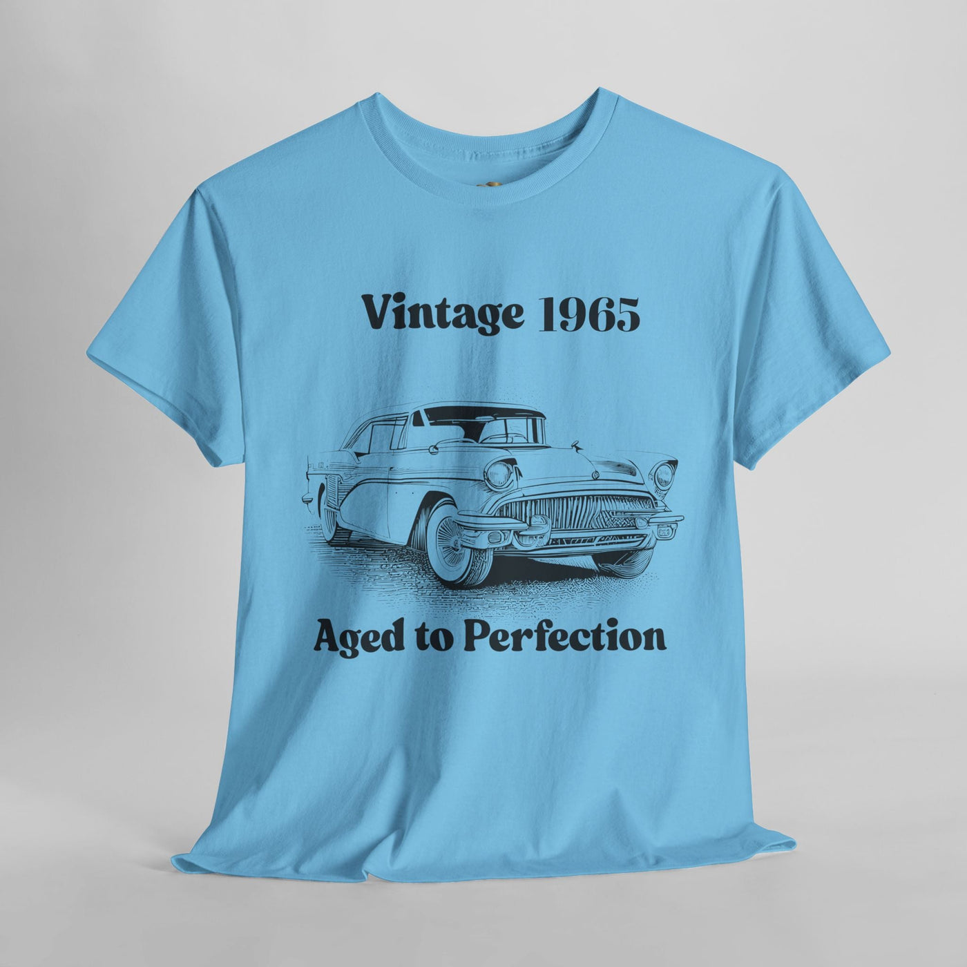 Vintage Aged to Perfection classic car graphic t-shirt in light blue, ideal funny birthday gift for car enthusiasts.