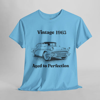 Vintage Aged to Perfection classic car graphic t-shirt in light blue, ideal funny birthday gift for car enthusiasts.
