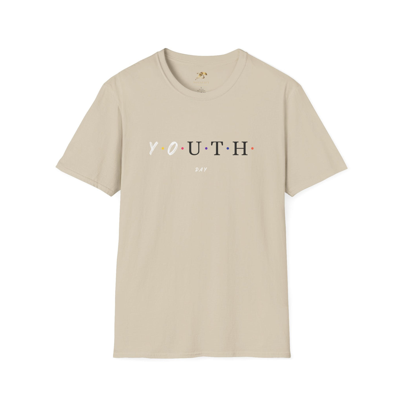 Youth Day Celebration unisex beige t-shirt with colorful dots and classic crew neckline made from 100% cotton
