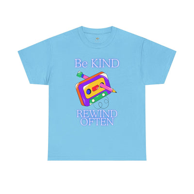 Retro "Be Kind, Rewind Often" T-shirt, unisex, 90s nostalgia design, positive quote.