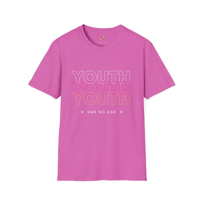 Youth Day Unisex Softstyle T-Shirt in pink with "YOUTH has no age" text, classic fit, and crew neckline