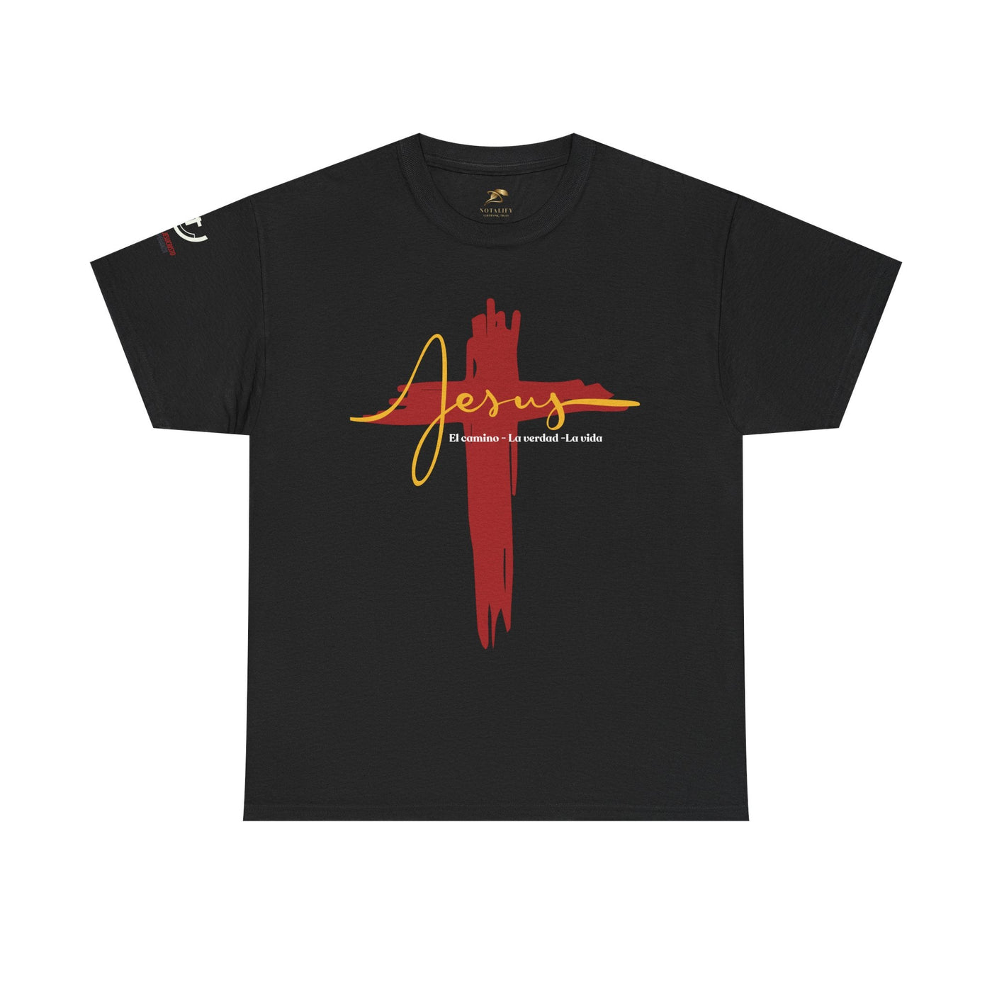 Spanish Jesus T-shirt with red cross design and "El Camino La Verdad La Vida" inscription.