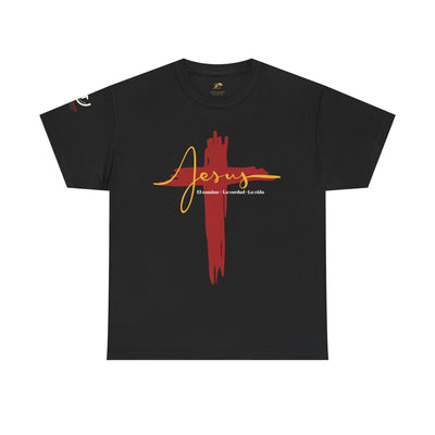Spanish Jesus T-shirt with red cross design and "El Camino La Verdad La Vida" inscription.