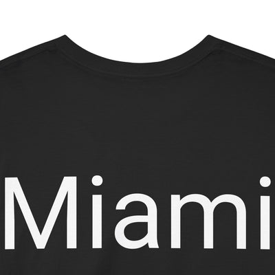 Astronaut Space Vibes Tee with galaxy graphics, perfect for space lovers; comfortable black shirt with "Miami" text.