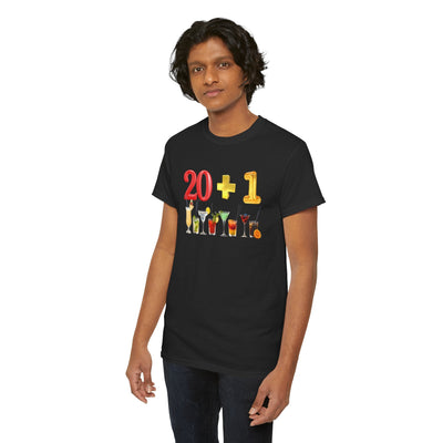 21st Birthday T-Shirt with "20 + 1" design and cocktails, perfect gift for milestone celebration.