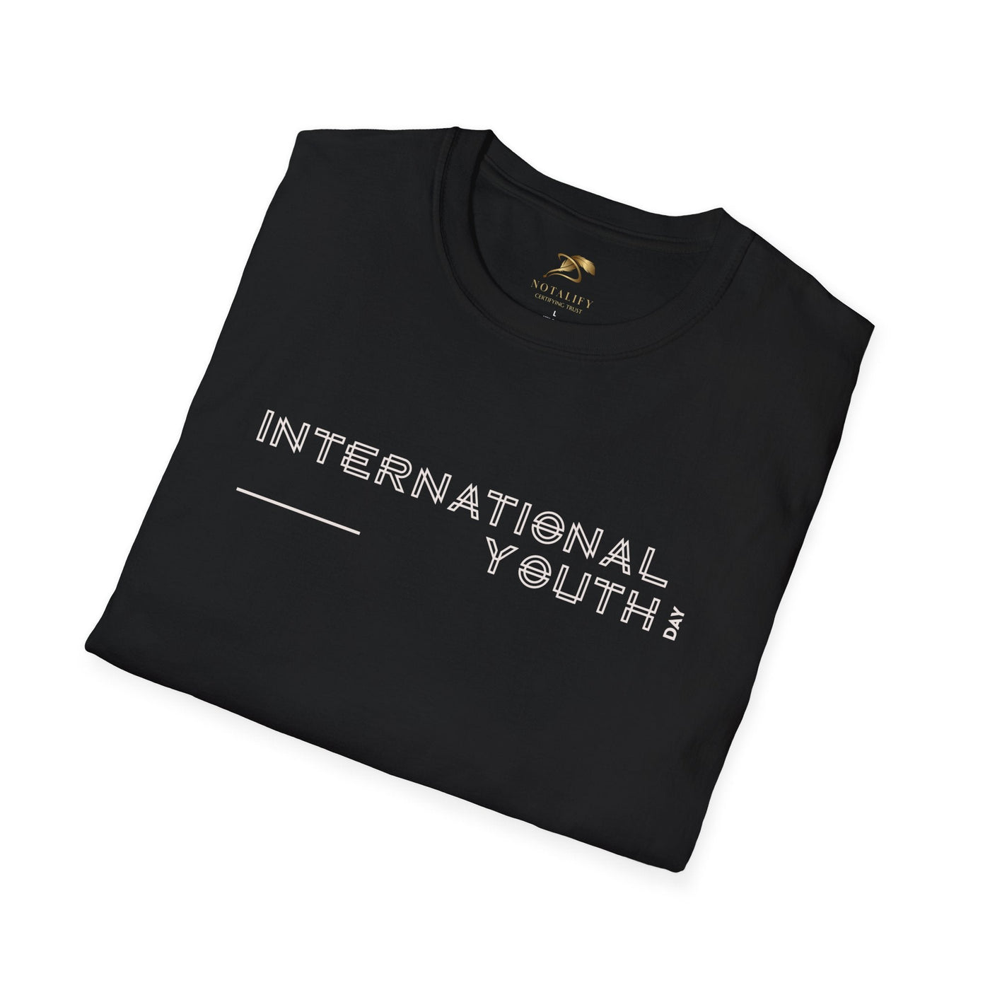 Black unisex softstyle t-shirt with International Youth Day text for youth celebration.