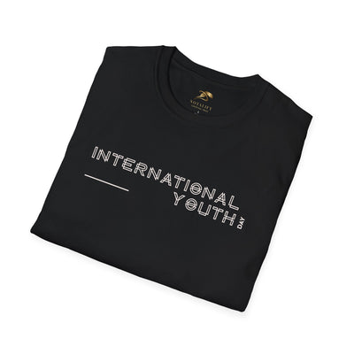 Black unisex softstyle t-shirt with International Youth Day text for youth celebration.