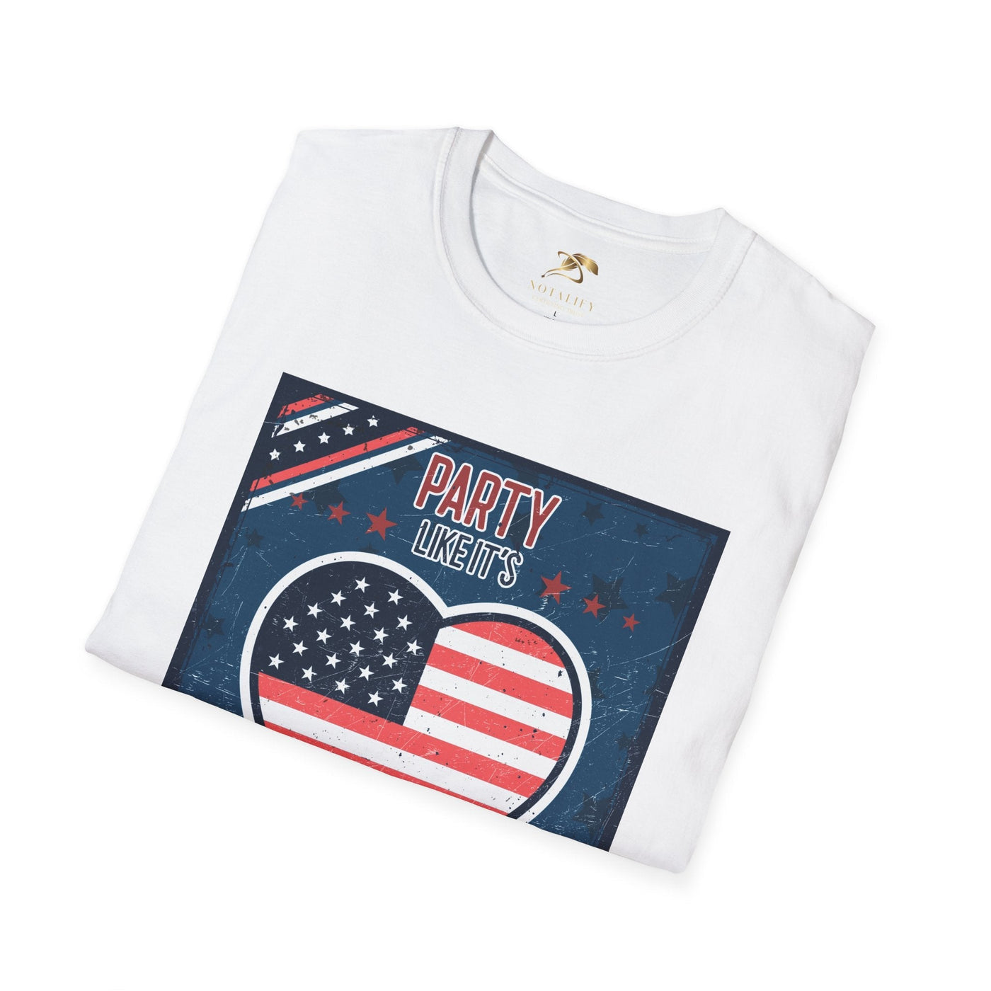 "Party Like it's 1776 Patriotic Party T-Shirt with American flag heart design for Independence Day celebrations"