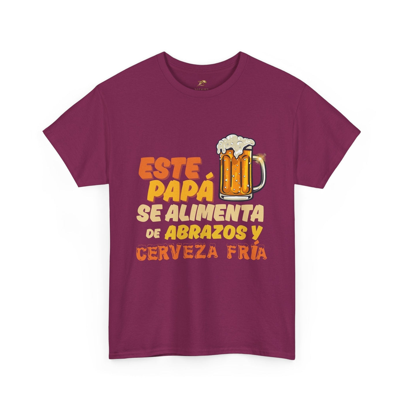 Funny Spanish Dad Beer Shirt with "Este Papá Se Alimenta de Abrazos y Cerveza Fría" text and frosty beer mug graphic; perfect Father's Day gift.