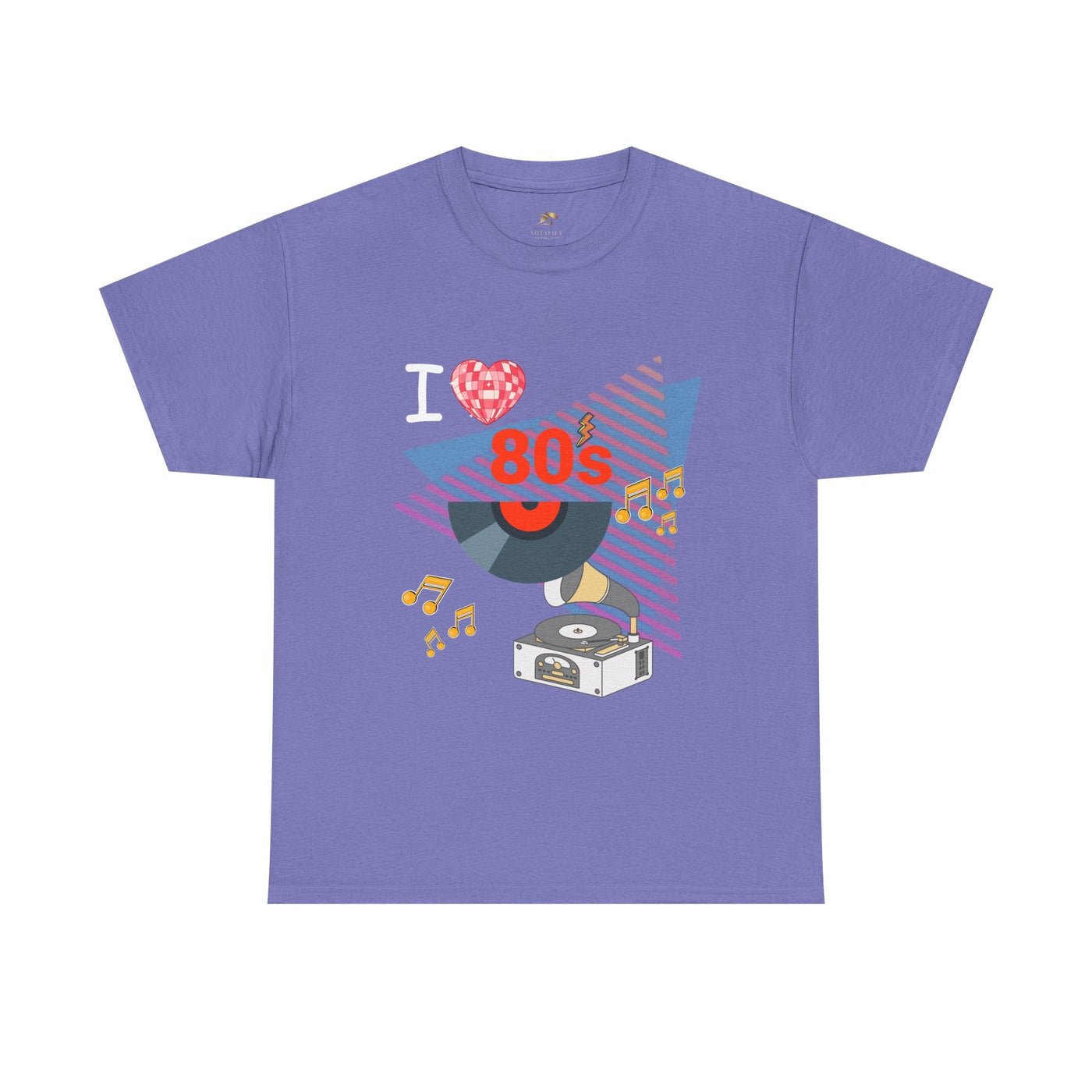 Retro 80's music lover unisex purple cotton t-shirt with vintage record player graphic and musical notes