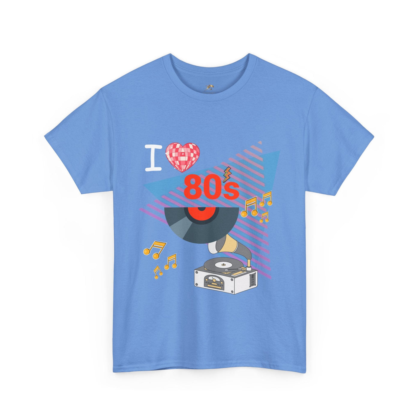 Blue 80's music lover T-shirt with retro vinyl record and turntable graphic on front