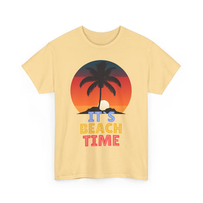 Unisex "It's Beach Time" Summer 2025 T-Shirt with tropical sunset graphic and palm tree design.