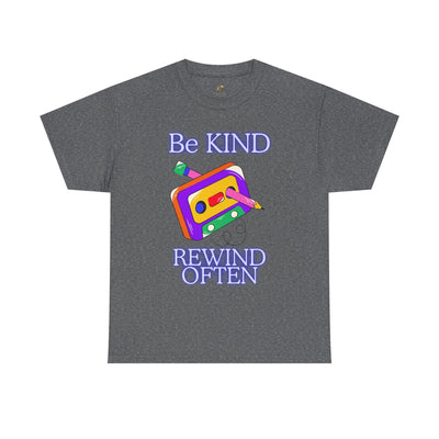 Unisex retro t-shirt with "Be Kind, Rewind Often" design, cassette graphic, vintage 90s style.