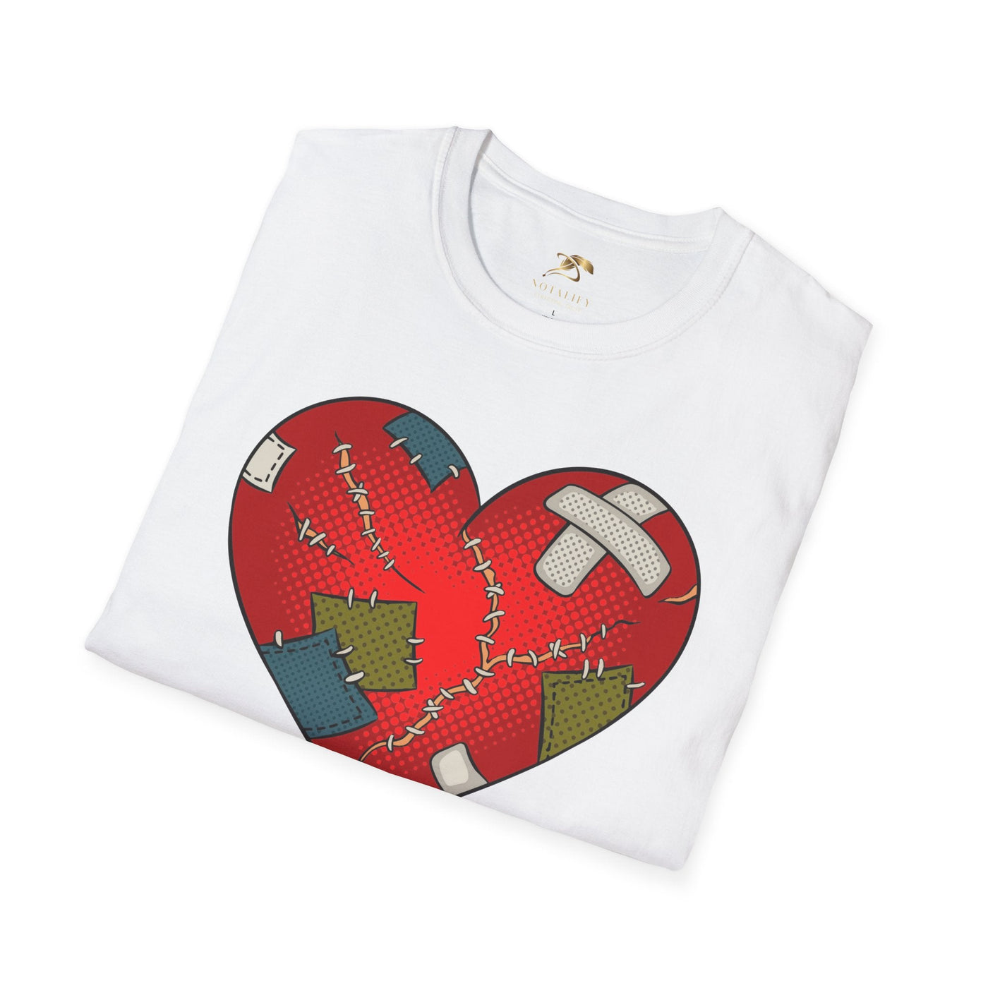 Unisex Valentine's Day T-shirt with patched heart design, made from 100% cotton.