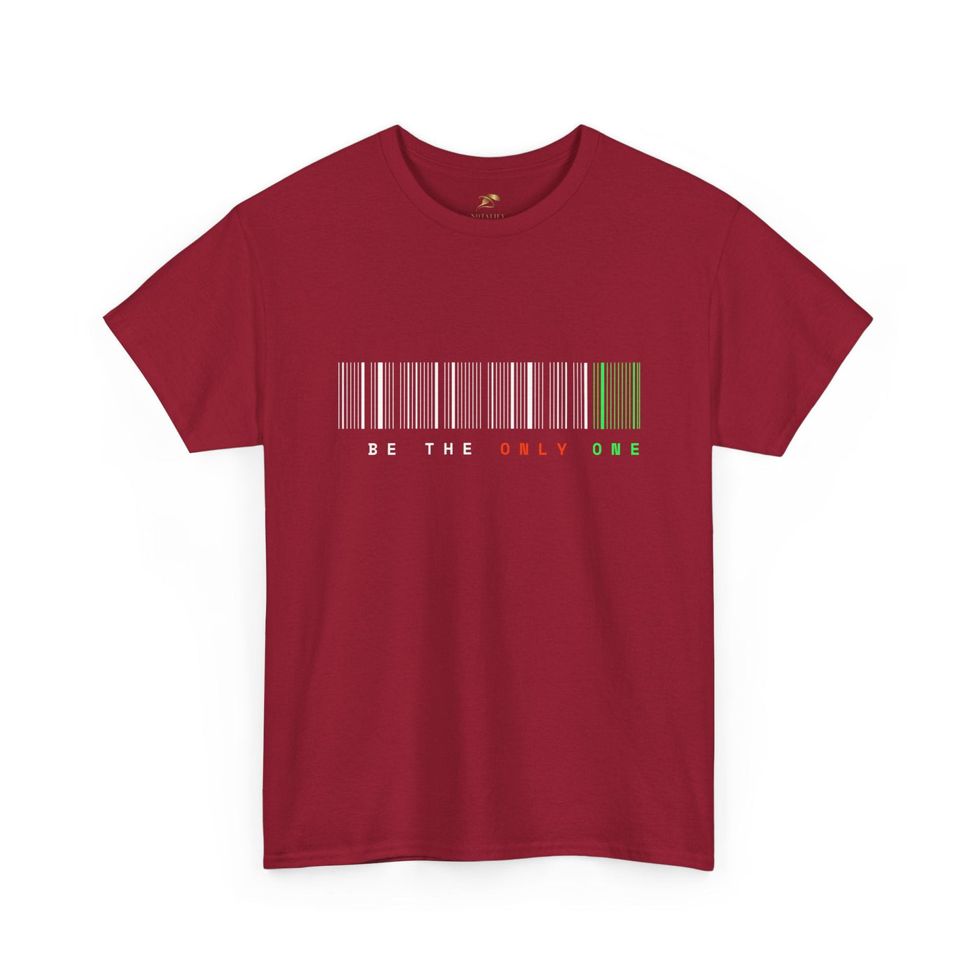 Unique "Be The Only One" barcode t-shirt in blue with a minimalist design