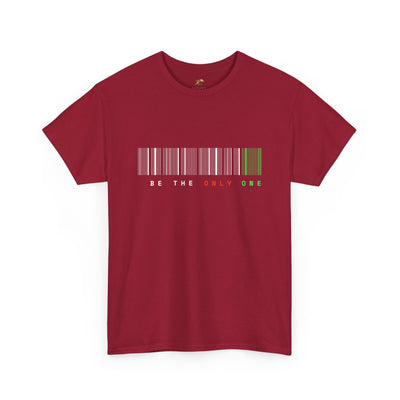 Unique "Be The Only One" barcode t-shirt in blue with a minimalist design