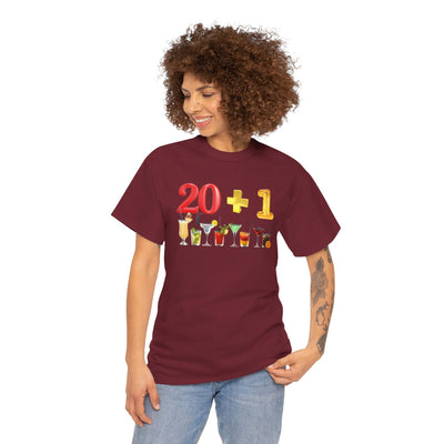 21st Birthday T-Shirt featuring "20 + 1" design with cocktails, perfect 21st birthday gift.