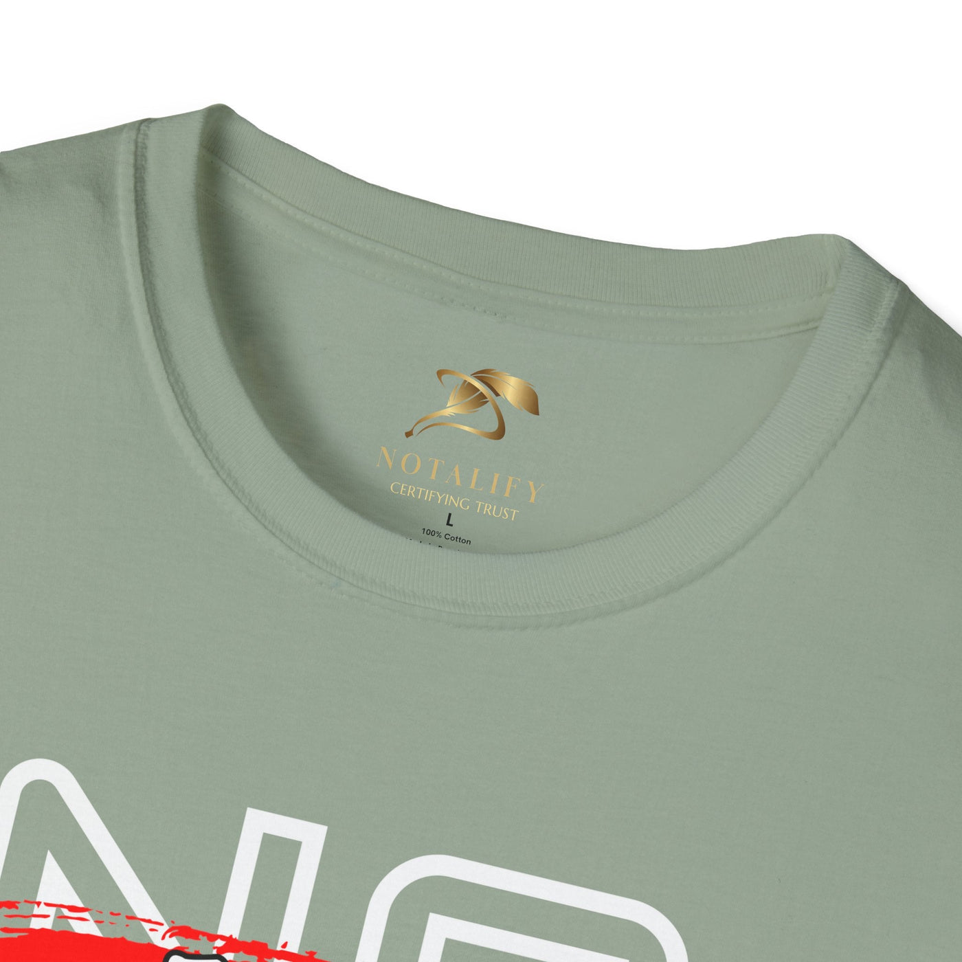 Close-up of a sage green unisex cotton t-shirt with a crew neckline featuring a bold "No Fear No Limits" motivational graphic for Youth Day.