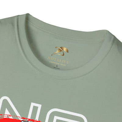 Close-up of a sage green unisex cotton t-shirt with a crew neckline featuring a bold "No Fear No Limits" motivational graphic for Youth Day.