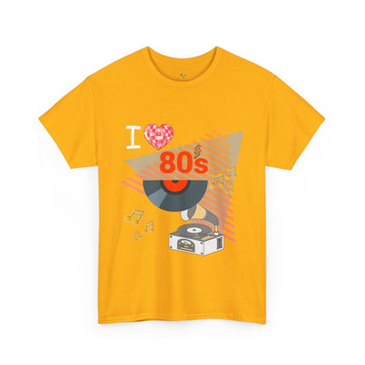 Yellow 80's Music Lover T-Shirt with retro vinyl record and music graphic design unisex cotton tee